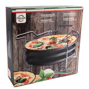 Merkloos Pizzaplaat bakset met 3 bakplaten 29 cm - Pizza rek 3-delig - Pizzabakset met standaard - 3 pizzapla