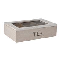 Teekiste Holz Teebox 6 Fächern Glasdeckel Teekasten Teebehälter