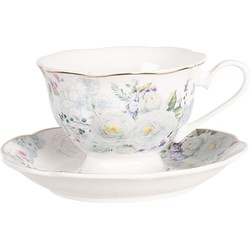 Clayre & Eef Kop en schotel Ø 15*7 cm / 0,22L Multi Porselein Bloemen BUTKS