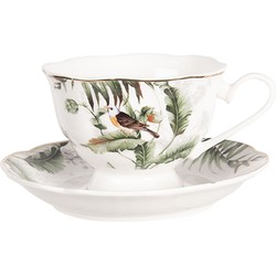 Clayre & Eef Kop en schotel Ø 15*7 cm / 0,22L Multi Porselein Vogel TRBKS