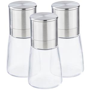 Hi Set van 3x stuks kruidenmolen/pepermolen/zoutmolen RVS/glas transparant/zilver 13 cm - Peper en zoutstel