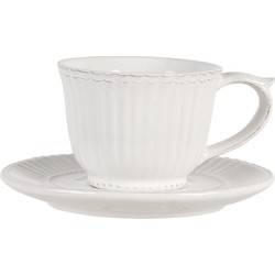 Clayre & Eef Kop en schotel PLKS Ø 15*8 cm / 0.12L Creme Dolomiet Rond Servies Koffie