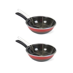Set van 2x stuks rvs/emaille frituurpan/friteuse voor alle hittebronnen - rood 26 cm - Frituren op gasstel of kookplaat