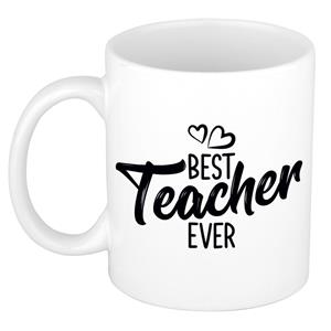 Best Teacher Ever Mok / Beker Wit Met Hartjes - 300 Ml - Cadeau Juf / Meester / Leraar / Lerares