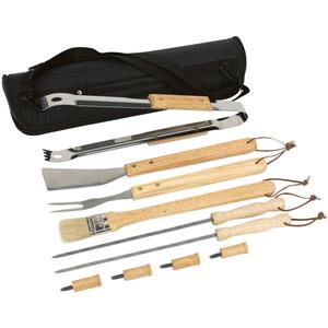 Barbecue Gereedschap Set - Rvs Met Houten Handgrepen - 10-delig - Bbq Spatel/vleesvork/spies/tang/kwast