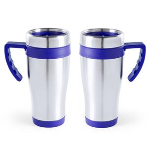 2x Stuks Rvs Thermosbeker/warmhoud Koffiebekers Blauw 500 Ml - Isoleerbekers/reisbekers