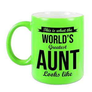 Tante Cadeau Mok / Beker This Is What The Worlds Greatest Aunt Looks Like - Neon Groen - Verjaardag / Bedankje