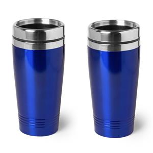 2x Stuks Warmhoudbeker/warm Houd Beker Metallic Blauw 450 Ml - Rvs Isoleerbeker/thermosbekers Reisbekers Voor Onderweg