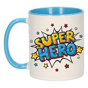 Super Hero Cadeau Koffiemok / Theebeker Wit En Blauw Met Sterren - 300 Ml - Keramiek - Cadeau Mok / Bedank Mok