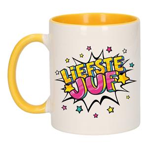 Liefste Juf Cadeau Koffiemok / Theebeker Wit En Geel Met Sterren - 300 Ml - Keramiek - Cadeau Beker / Waardering Mok