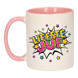 Liefste Juf Cadeau Koffiemok / Theebeker Wit En Roze Met Sterren - 300 Ml - Keramiek - Cadeau Beker / Waardering Mok