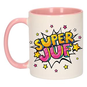 Super Juf Cadeau Koffiemok / Theebeker Wit En Roze Met Sterren - 300 Ml - Keramiek - Cadeau / Bedankje Juf