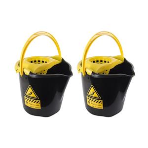 2x Dweilemmers/mopemmers 13,5 Liter Zwart/geel Caution 32 X 30 Cm - Vloer Reinigen/dweilen - Schoonmaakartikelen