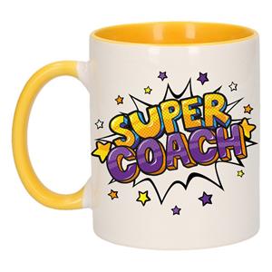 Super Coach Cadeau Koffiemok / Theebeker Wit En Geel Met Sterren - 300 Ml - Keramiek - Cadeau / Bedankje Coach