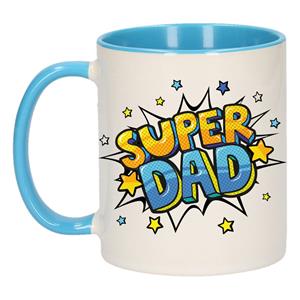 Super Dad Cadeau Koffiemok / Theebeker Wit En Blauw Met Sterren - 300 Ml - Keramiek - Vaderdag - Cadeau / Bedankje Dad