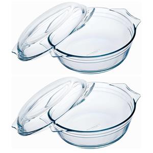 Set Van 2x Stuks Ronde Glazen Ovenschalen Met Deksel 3 Liter 23 X 11 Cm - Ovenschotel Schalen - Bakvorm