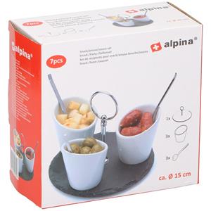 Alpina Serveerset - 3 Bakjes, 3 Lepels Op Leisteen Plateau - 7-delig - Ø 15 Cm