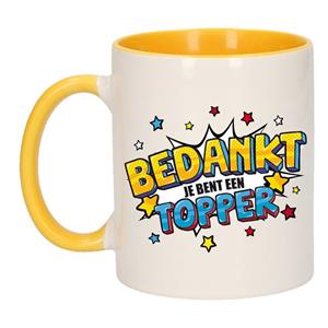 Bedankt Topper Cadeau Koffiemok / Theebeker Wit En Geel Met Sterren - 300 Ml - Keramiek - Cadeau Beker / Waardering Mok