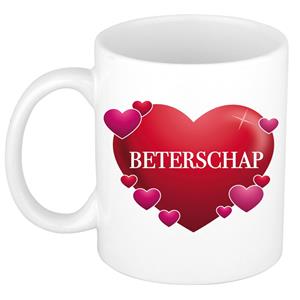 Beterschap Cadeau Koffiemok / Theebeker Wit Met Hartjes - 300 Ml - Keramiek - Cadeau Beker / Beterschap Mok