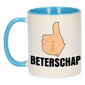 Beterschap Duimpje Omhoog Cadeau Koffiemok / Theebeker Wit En Blauw - 300 Ml - Keramiek - Cadeau Beker / Beterschap Mok