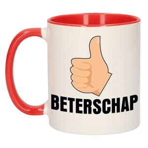 Beterschap Duimpje Omhoog Cadeau Koffiemok / Theebeker Wit En Rood - 300 Ml - Keramiek - Cadeau Beker / Beterschap Mok