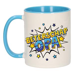 Beterschap Opa Cadeau Koffiemok / Theebeker Wit En Blauw Met Sterren - 300 Ml - Keramiek - Cadeau Beker / Beterschap Mok