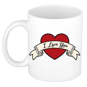 I Love You Cadeau Koffiemok / Theebeker Wit Met Hartjes - 300 Ml - Keramiek - Valentijnsdag / Bruiloft - Bekers / Mokken