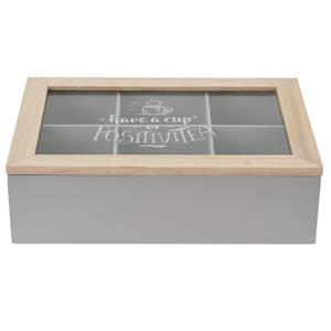 Houten Theedoos/theekist Met 6 Vakken - 24 X 16 X 7 Cm - Grijs / Bruin - Theedozen