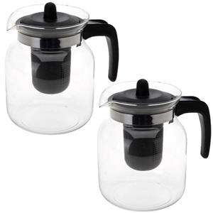 Bellatio 2x Stuks Glazen Transparante Theepot 1,5 Liter Met Zwart Filter - Thee Drinken - Thee Serveren - Theepotten Met Filters