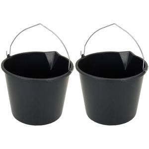 2x Stuks Stevige Zwarte Huishoud Emmers 16 Liter Met Tuit - Klusemmers/bouwemmers/schoonmaakemmers