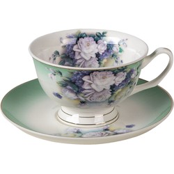 Clayre & Eef Kop en schotel 12*10*6 / Ø 15*2 cm / 200 ml Groen, Wit Porselein Bloemen Rond Servies Koffie