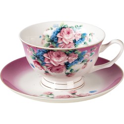 Clayre & Eef Kop en schotel 12*10*6 / Ø 15*2 cm / 200 ml Paars Porselein Bloemen Rond Servies Koffie