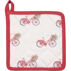 Clayre & Eef Pannenlap Kind 16*16 cm Wit, Rood Katoen Fiets Vierkant Afgiet Pannenlap Afgiethulp