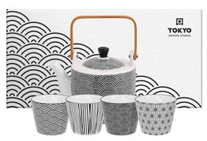 Tokyo Design Studio Nippon Black - Theeset punten - 12 x 13cm 0.8lt - met 4 bekers Lijnen-Sterren-Punten-Golven