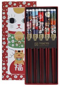 Tokyo Design Studio Zwarte Eetstokjes met Lucky Cats - Set van 5 paar