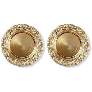 Bellatio 6x Diner Borden/onderborden Goud Met Decoratieve Rand 33 Cm Rond - Onderbord / Kaarsenbord / Onderzet Bord