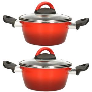 Set Van 2x Stuks Rvs Rode Kookpan/pan Met Glazen Deksel 16 Cm 1 Liter - Kookpannen