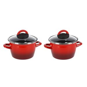 Set Van 2x Stuks Rvs Rode Kookpan/pan Met Glazen Deksel 16 Cm 3 Liter - Kookpannen