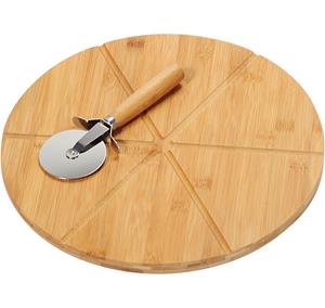 Decopatent FSC Bamboe Pizzaplaat met GRATIS Pizzasnijder | Pizza Snijden | Pizzaplank | Pizzabord | Pizza Snijplank | 32 x 32 x 15,5 Cm.