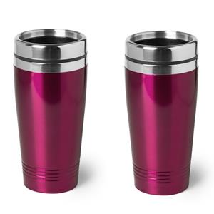 Bellatio 2x Stuks Isoleerbeker Rvs Metallic Fuchsia Roze 450 Ml - Thermosbeker