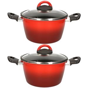 Set Van 2x Stuks Rvs Rode Kookpan/pan Met Glazen Deksel 20 Cm 6 Liter - Kookpannen