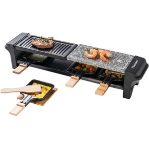 Bestron Raclette Grill für 4 Personen, Elektrischer Tischgrill mit 4 Pfännchen, 4 Holzschaber & 4 Untersetzern, 650 Watt, Schwarz, 4 Raclettepfännchen, 650 W