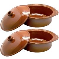 Set Van 2x Stuks Tapas Terracotta Ovenschalen/stoofpotten Cocotte Met Deksel 26 Cm - 