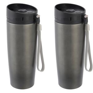 Bellatio Set van 2x stuks rVS Warmhoudbeker/isoleerbeker antraciet staal 380 ml -