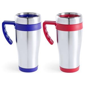 Bellatio Set van 2x stuks zilverkleur warmhoudbekers/isoleer bekers met rand rood en blauw 500 ml -