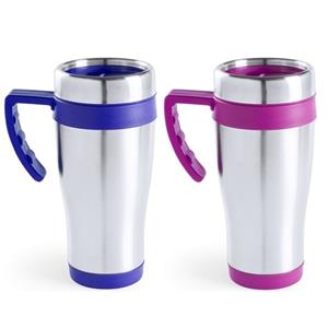 Bellatio Set van 2x stuks zilverkleur warmhoudbekers/isoleer bekers met rand roze en blauw 500 ml -