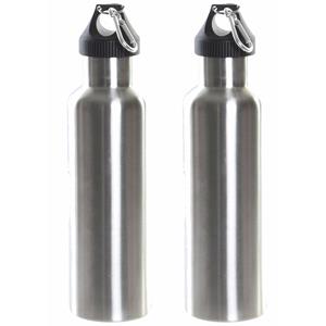 Items Set van 2x stuks RVS thermosfles/isoleerfles zilvergrijs met schroefdop en karabijnhaak 750 ml -