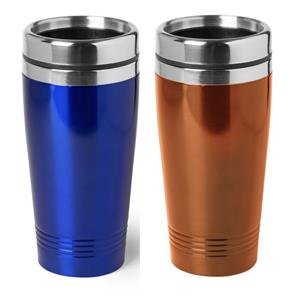 Bellatio Set van 2x stuks Warmhoudbekers/warm houd bekers metallic oranje en blauw 450 ml -