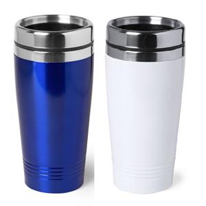 Bellatio Set van 2x stuks Warmhoudbekers/warm houd bekers metallic wit en blauw 450 ml -