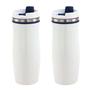 Bellatio Set van 3x stuks rVS Warmhoudbeker/isoleerbeker winter wit met blauw 400 ml -